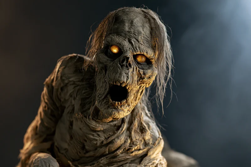 Decayed mummy creature prop with glowing eyes and open mouth against dark smoky background