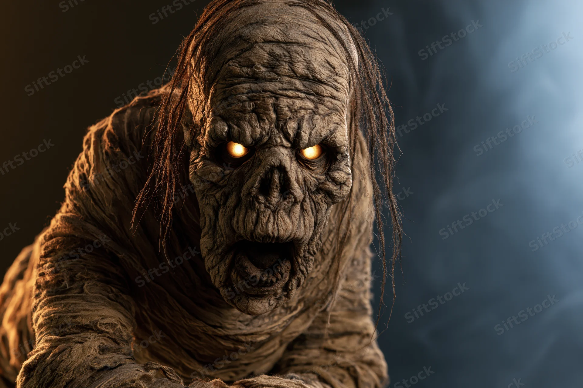 Decayed mummy creature prop with glowing eyes and agape mouth in dark smoky setting