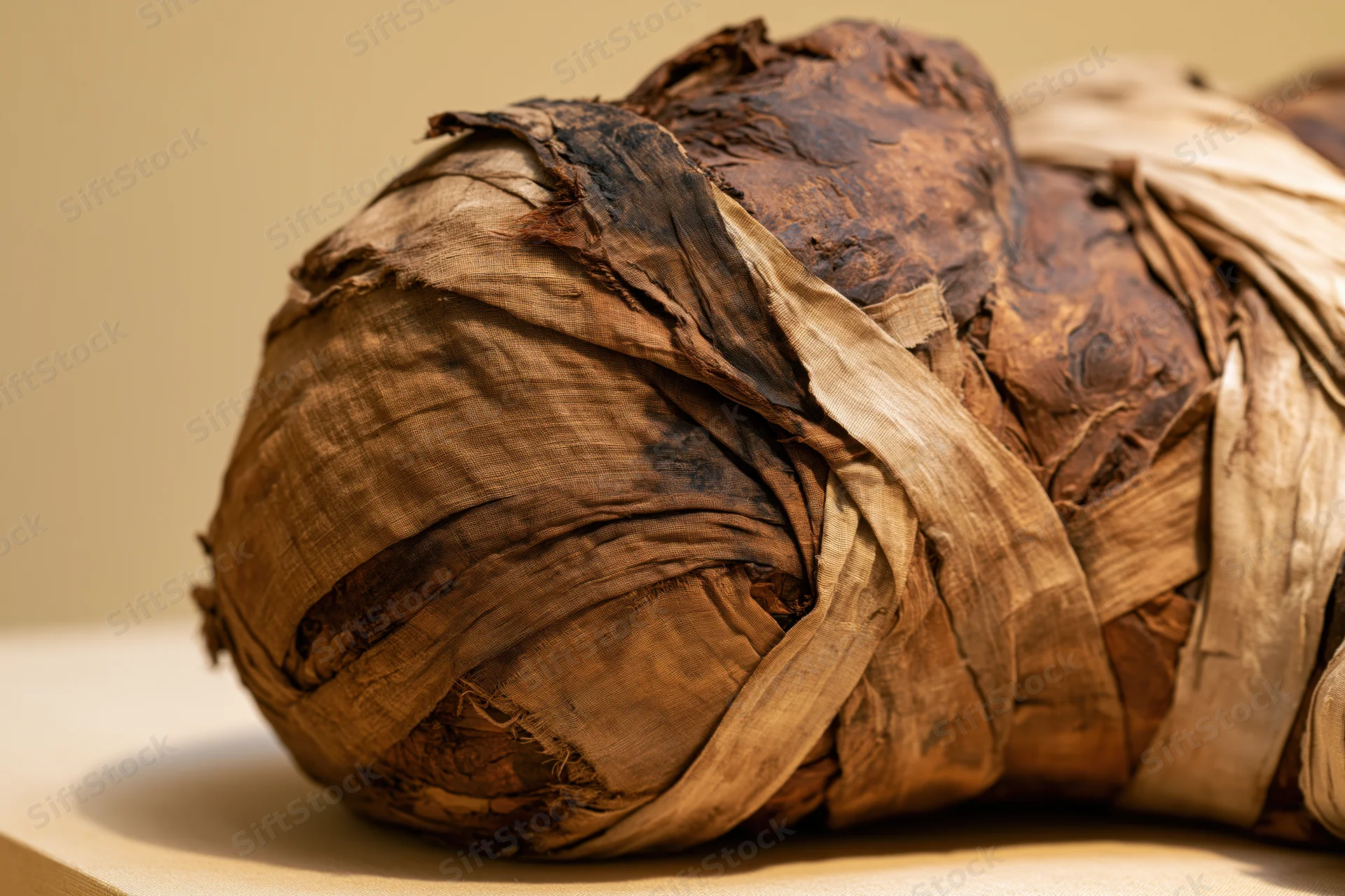 Close-up of an ancient egyptian mummy wrapped in linen bandages on display in a museum exhibit