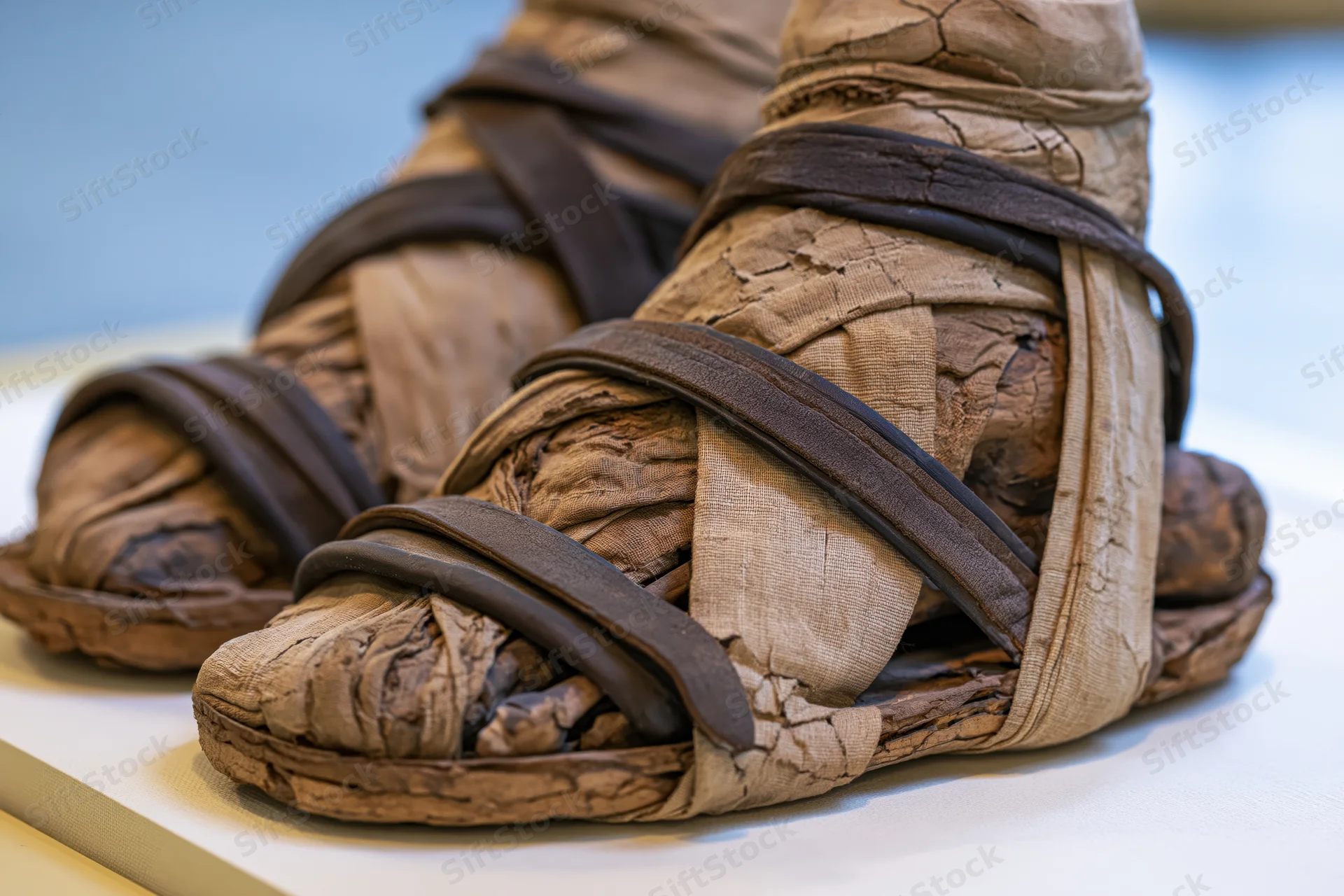 Ancient mummified feet wrapped in deteriorating linen and leather straps on display in a museum exhibit