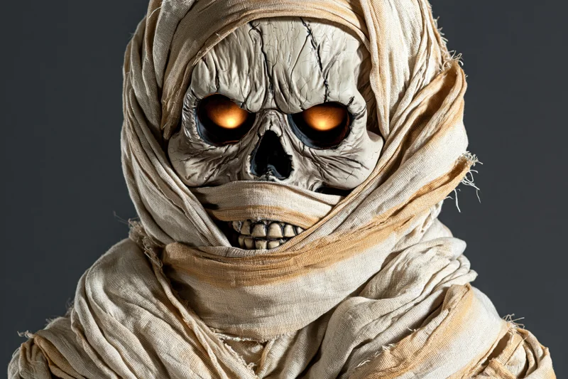 Close-up of a mummy skull with glowing orange eyes wrapped in linen bandages against a dark background