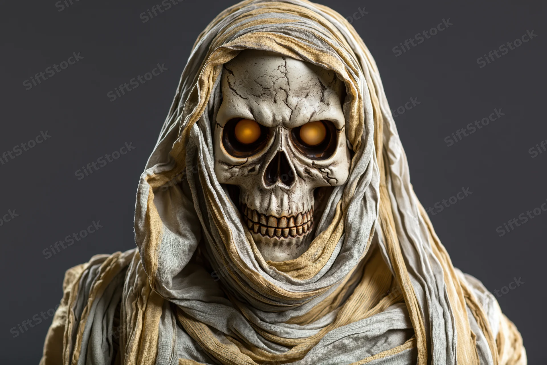 Close-up of a mummy skull with glowing orange eyes wrapped in tattered cloth against a dark gray background