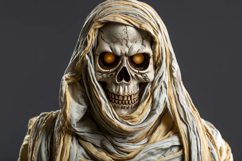 Close-up of a mummy skull with glowing orange eyes wrapped in tattered cloth against a dark gray background