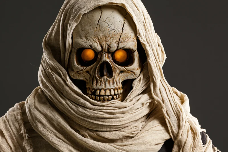 Close-up of a mummy skull with glowing orange eyes wrapped in tattered cloth
