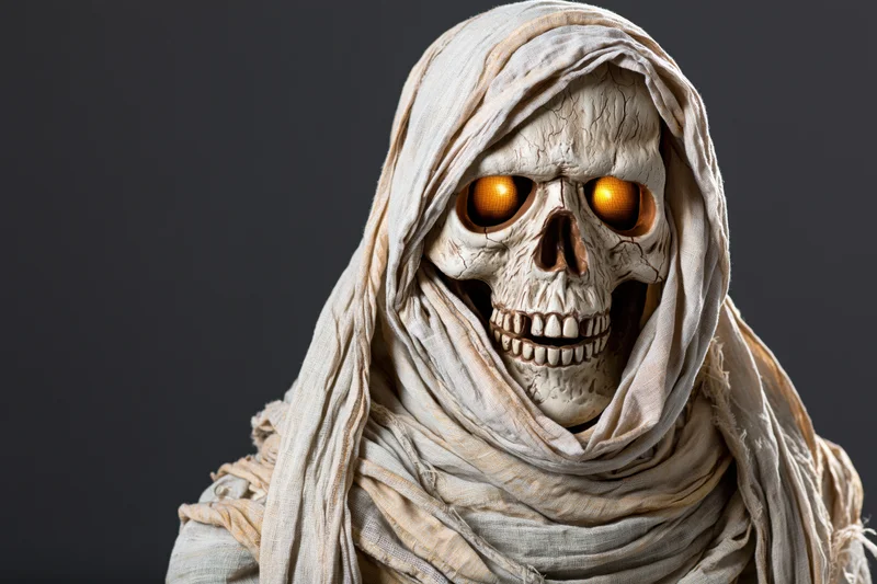 Close-up of a mummy skull with glowing orange eyes wrapped in tattered cloth against a dark gray background