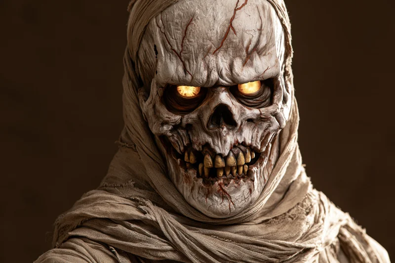 Close-up of a mummy with glowing eyes and decayed skull wrapped in linen bandages