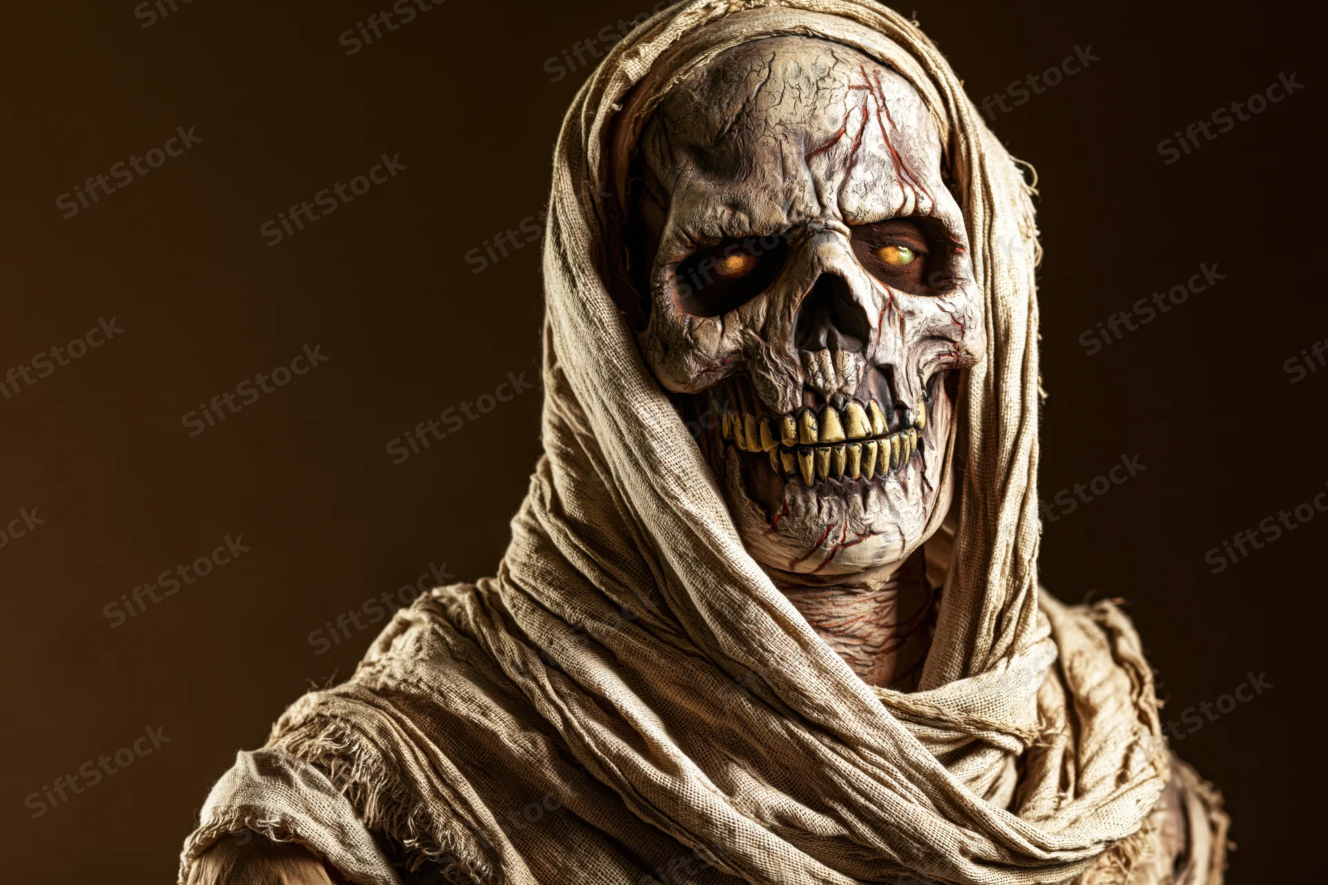 Close-up portrait of a mummy with glowing eyes wrapped in tattered cloth against a dark background