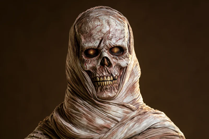 Close-up portrait of a mummy character with prosthetic skull makeup and wrapped bandages