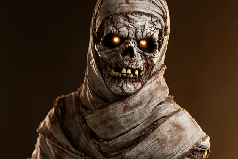 Close-up of a mummy with glowing eyes and tattered bandages against a dark background