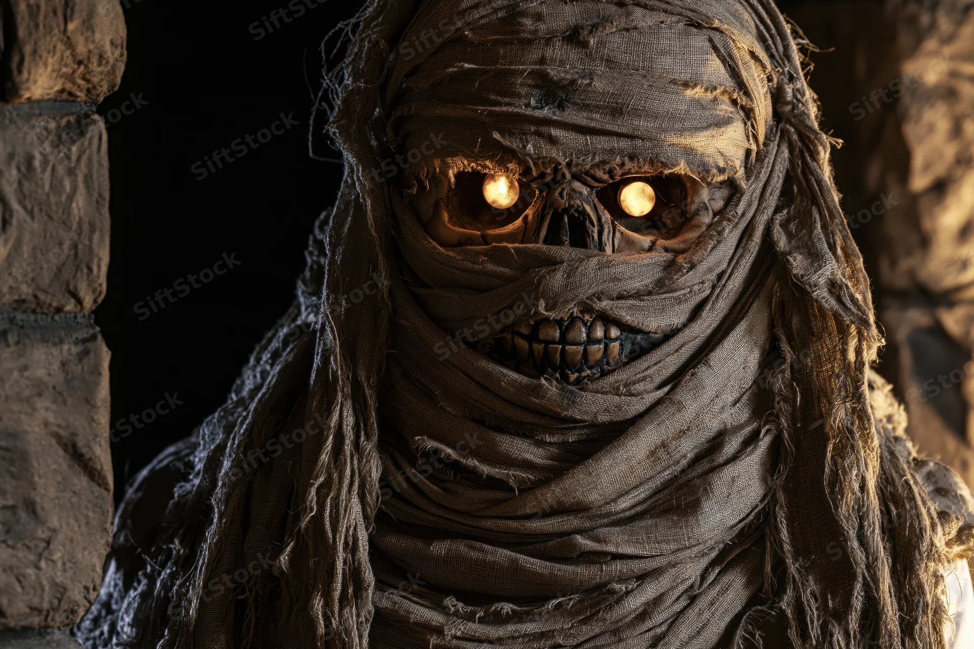 Mummy costume with glowing eyes in a dark stone tomb