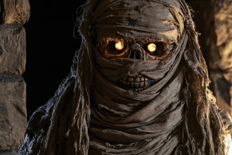 Mummy costume with glowing eyes in a dark stone tomb