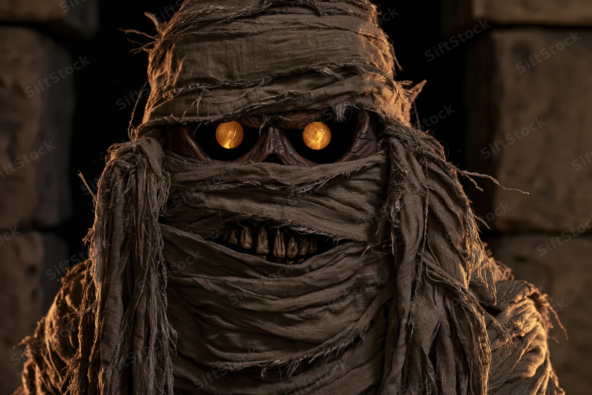 Close-up of a mummy costume character with glowing eyes and bandages in a dark stone tomb