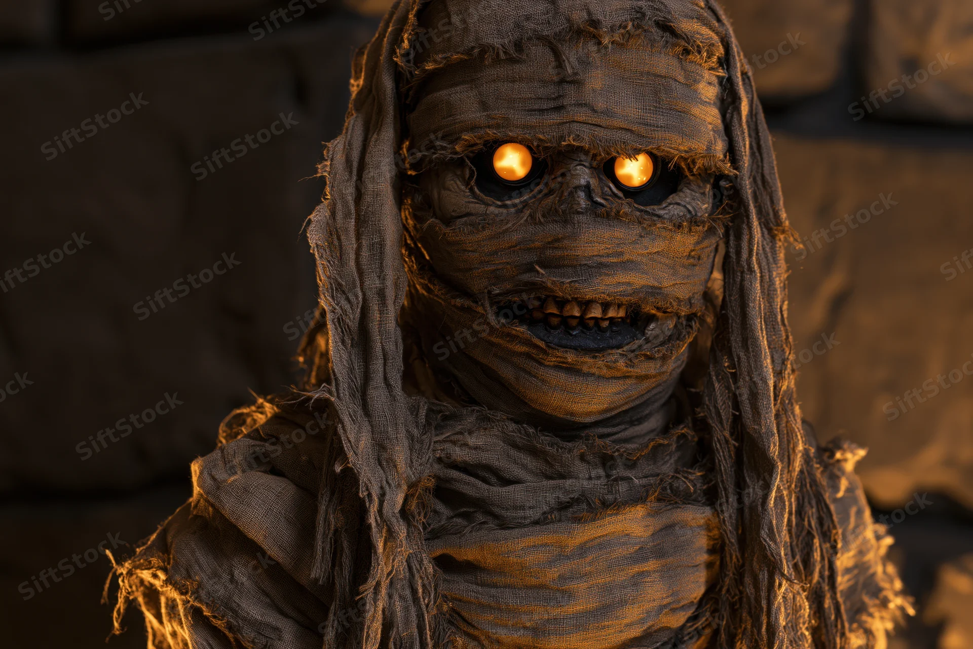 Close-up of a mummy costume character with glowing orange eyes in a dark setting