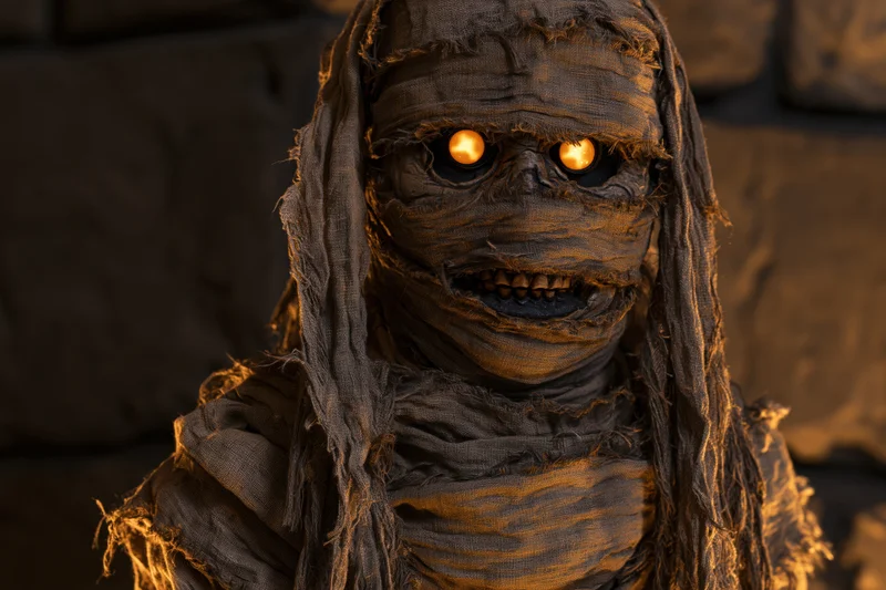 Close-up of a mummy costume character with glowing orange eyes in a dark setting