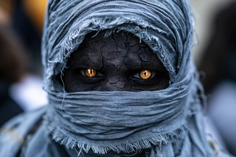 Close-up of a person in a mummy costume with wrapped face and golden eyes
