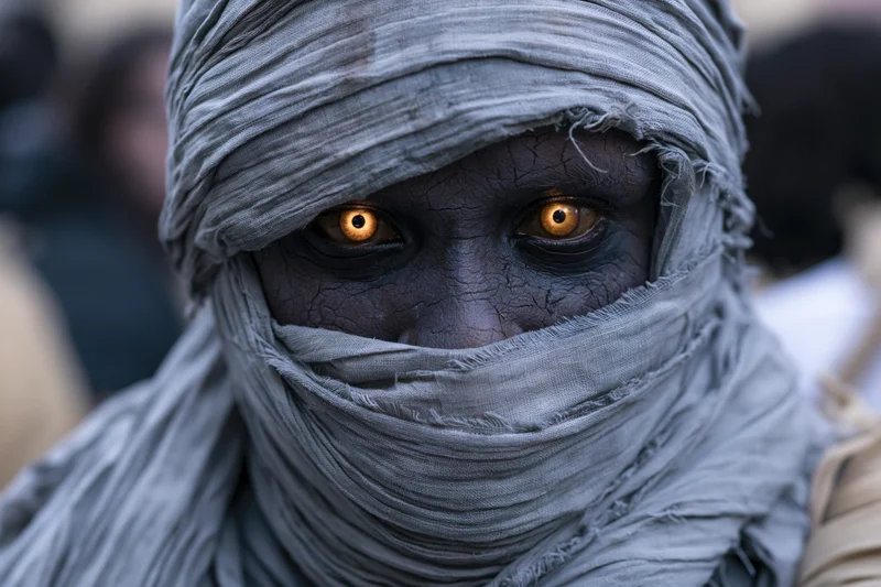Man in mummy costume with wrapped face and intense eyes in close-up portrait