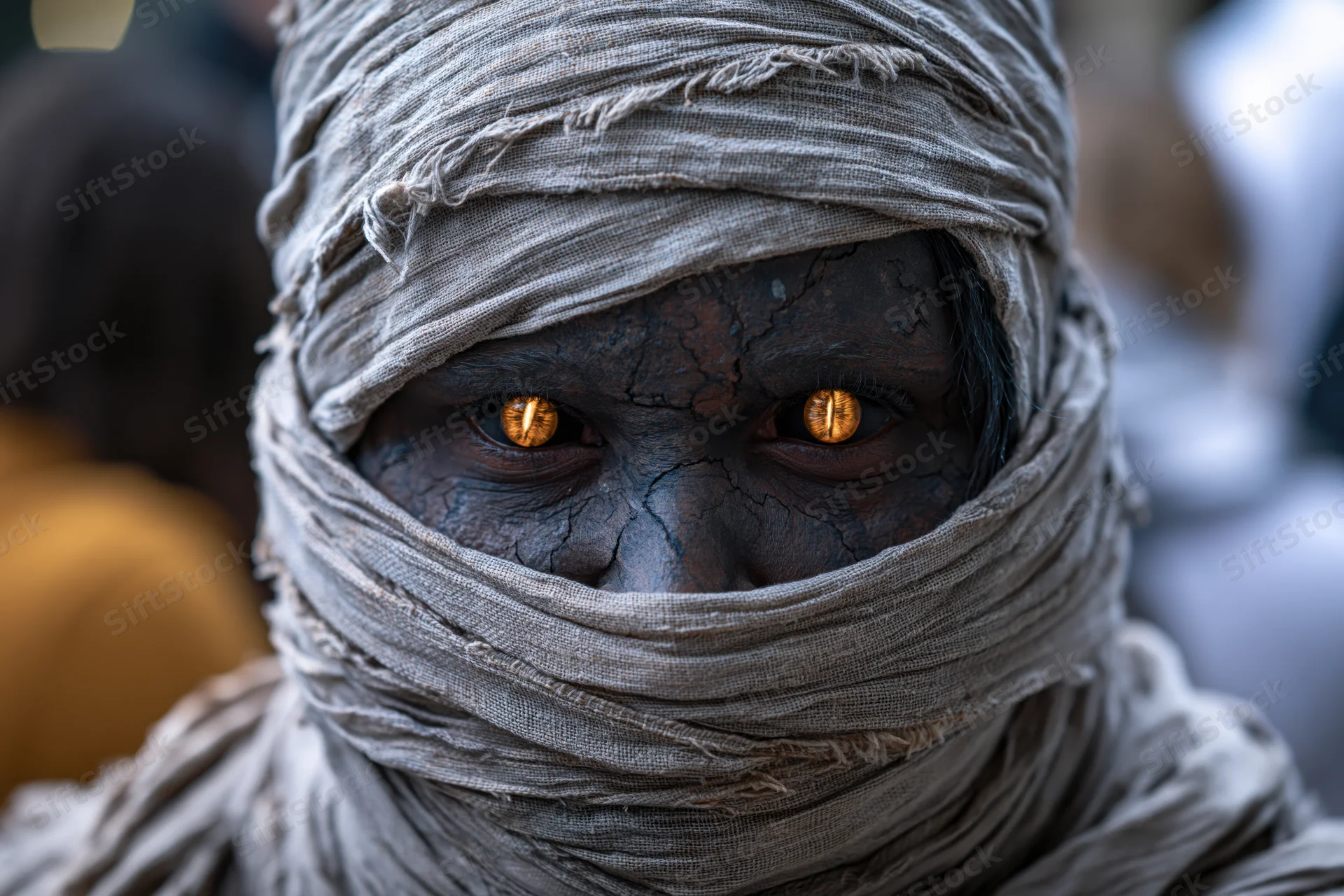 Close-up of a person in a mummy costume with wrapped face and glowing orange eyes