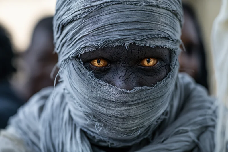 Close-up of a person in a mummy costume with wrapped face and intense eyes