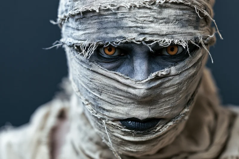 Close-up portrait of a person in a mummy costume with bandages wrapped around their face and intense orange eyes staring forward