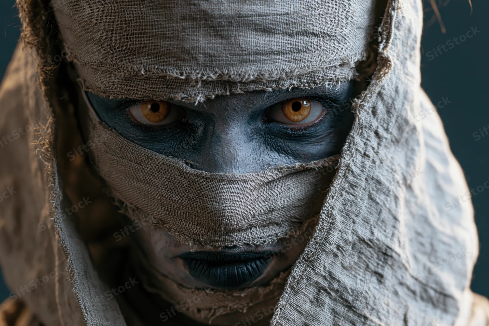 Close-up of a person in a mummy costume with bandages wrapped around their face and intense eyes visible through gaps
