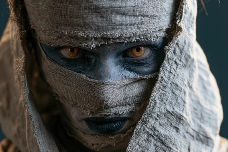 Close-up of a person in a mummy costume with bandages wrapped around their face and intense eyes visible through gaps