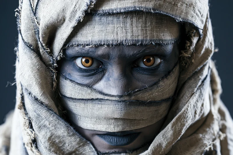 Close-up of a person in a mummy costume with bandages wrapped around their face and dark makeup, eyes visible, studio lighting