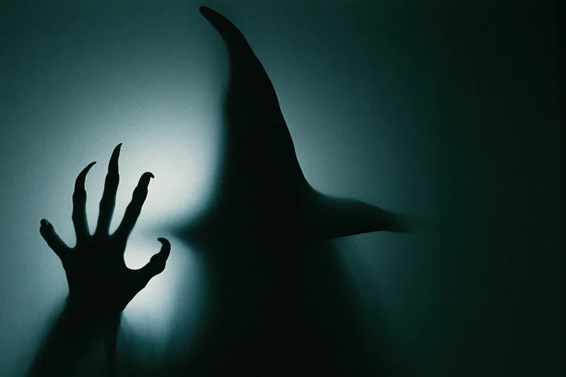 Dark silhouette of a witch with pointed hat and clawed hand pressed against a foggy surface