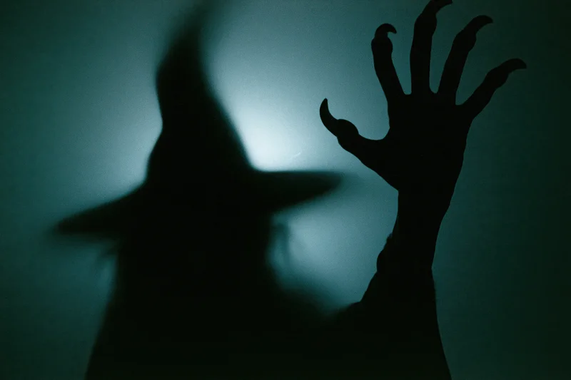 Silhouette of a witch with pointed hat and clawed hand against a dark blue foggy background
