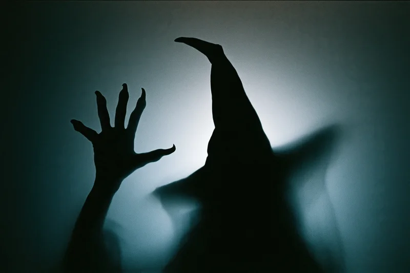 Witch silhouette with pointed hat and outstretched hand against dark blue background