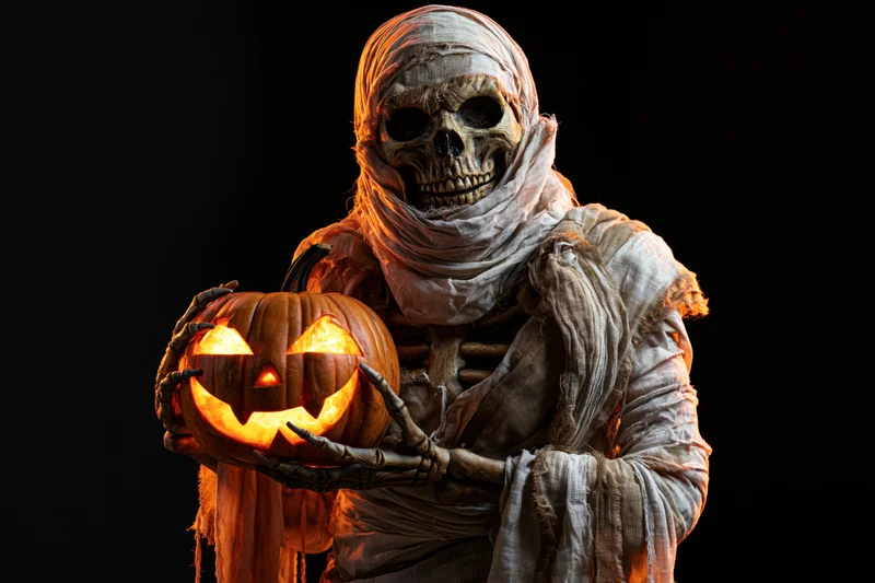 Mummy in decayed costume holding glowing jack-o-lantern against black background