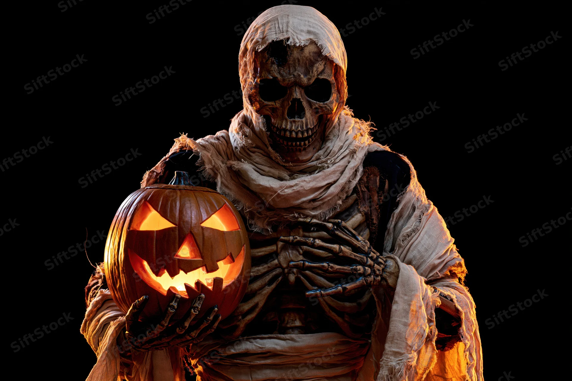 Decayed mummy costume character holding glowing jack-o-lantern against black background