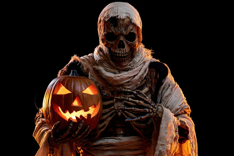 Decayed mummy costume character holding glowing jack-o-lantern against black background