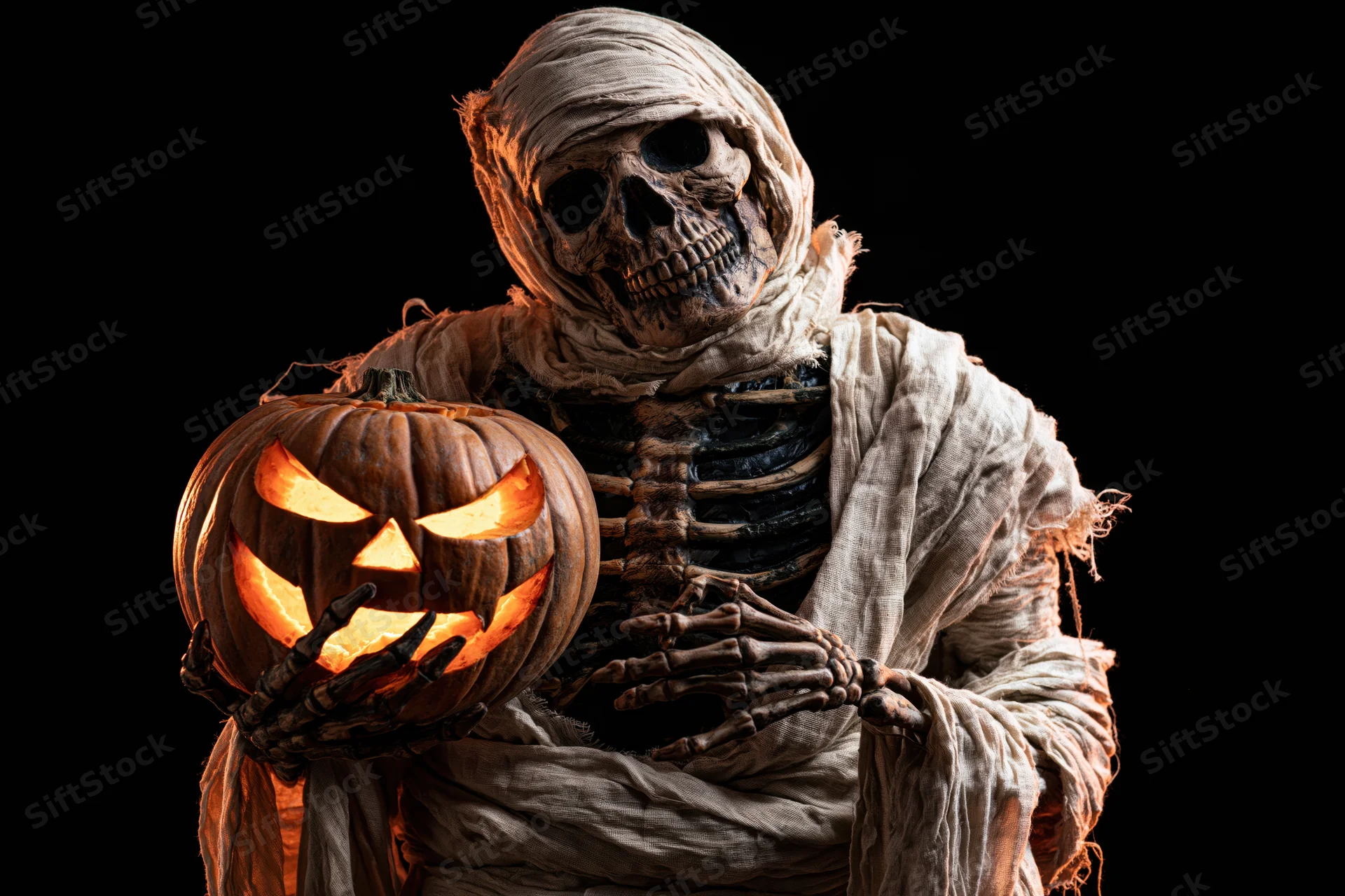 Mummy costume character holding glowing jack-o-lantern against black background