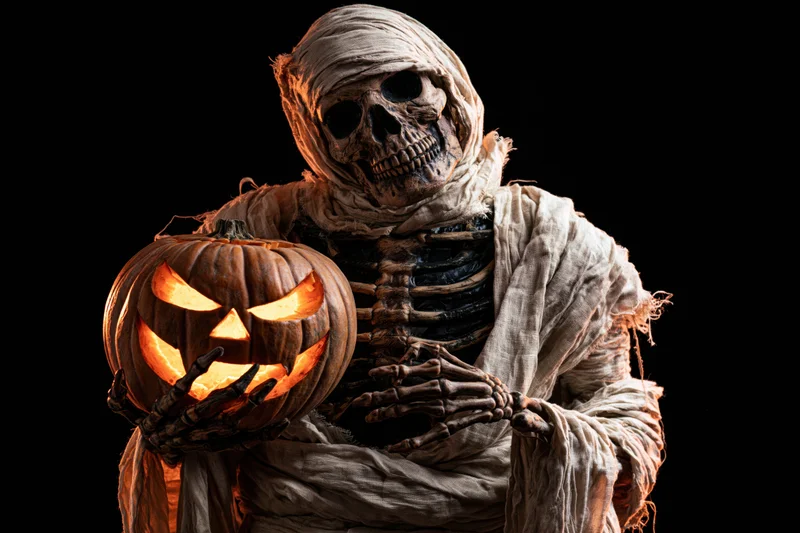 Mummy costume character holding glowing jack-o-lantern against black background