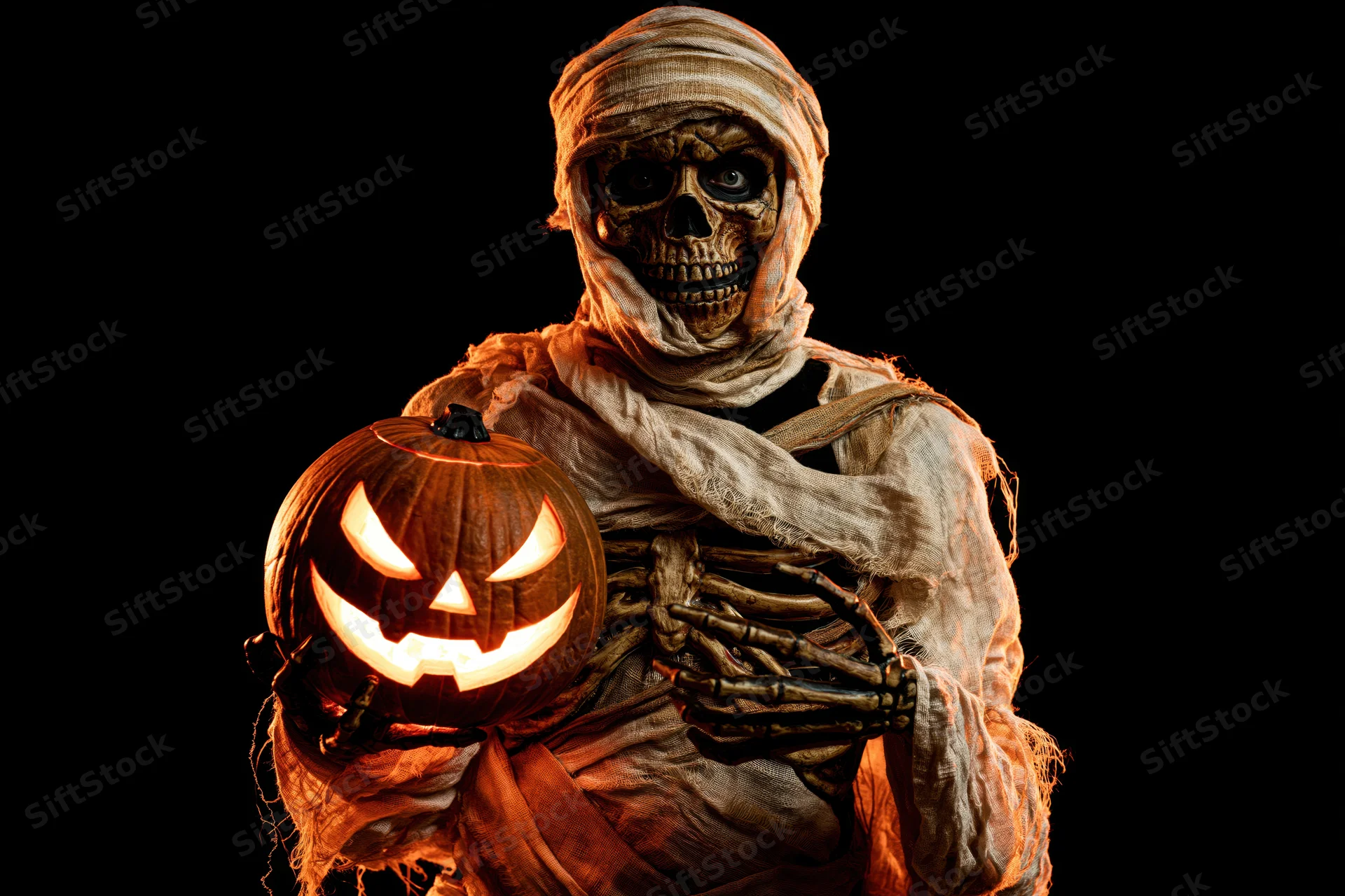 Mummy in decayed bandages holding glowing jack-o-lantern against black background