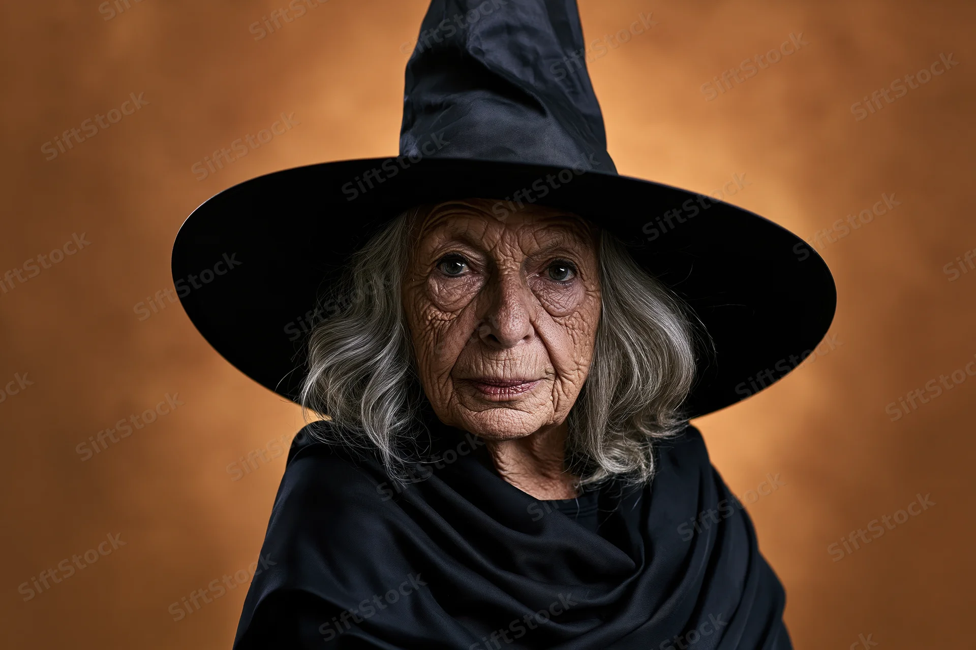 Elderly woman wearing a tall black witch hat and cloak, facing camera with a serious expression against a warm brown backdrop