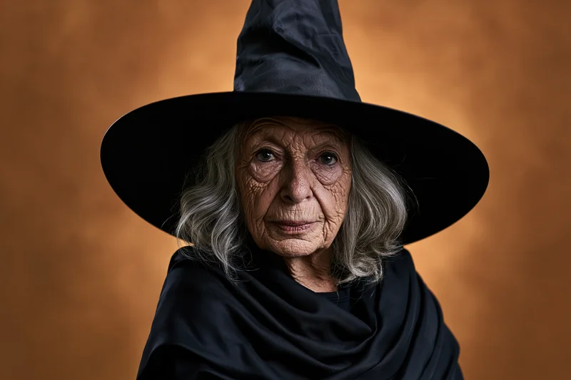 Elderly woman wearing a tall black witch hat and cloak, facing camera with a serious expression against a warm brown backdrop