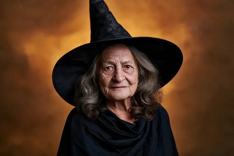 Elderly woman wearing a tall black witch hat and dark cloak, posing in a studio with warm orange backdrop