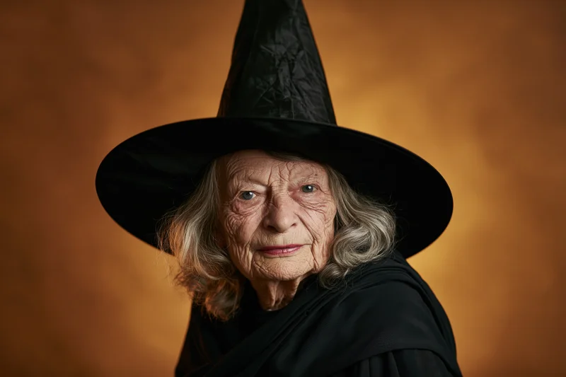 Elderly woman in black witch hat and cloak posing against warm orange backdrop