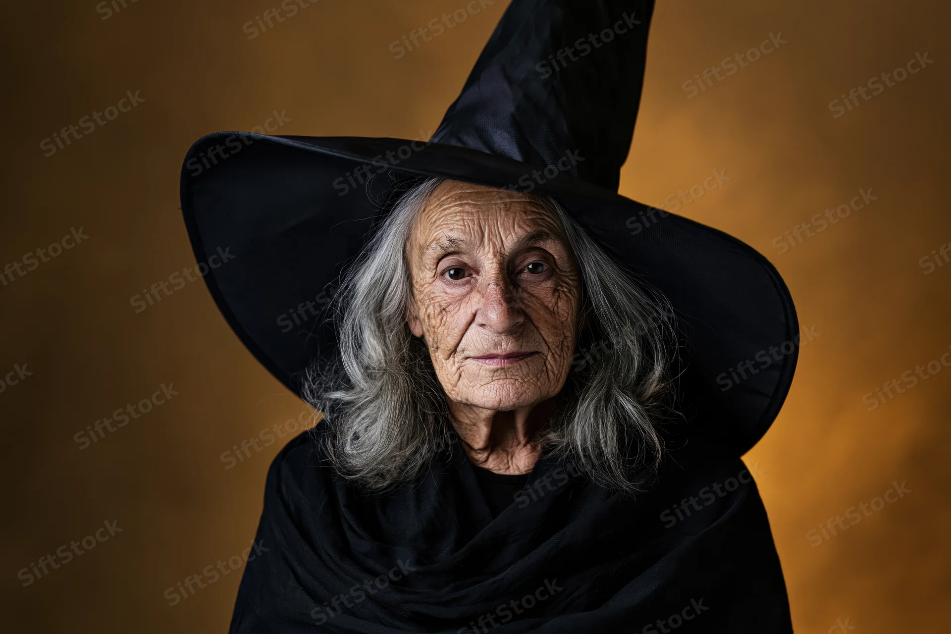Elderly woman wearing a tall black witch hat and cloak, posing in studio with orange background