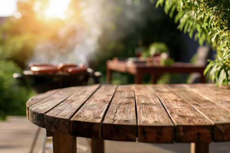 Weathered wooden table in a backyard garden with barbecue and greenery in the background