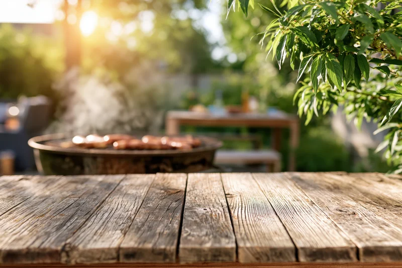 Weathered wooden table in backyard with grill and smoke in background