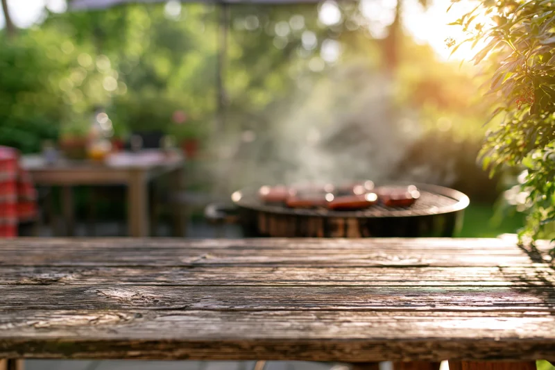Weathered wooden table in foreground with grill smoking in backyard garden
