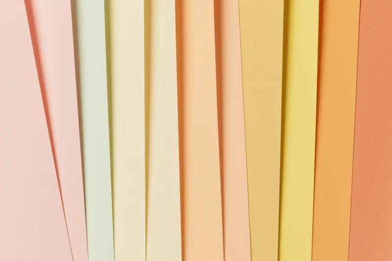 Overlapping sheets of pastel colored paper fanned out in a flat lay arrangement