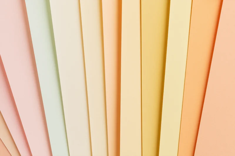 Fanned sheets of pastel colored paper arranged in flat lay composition