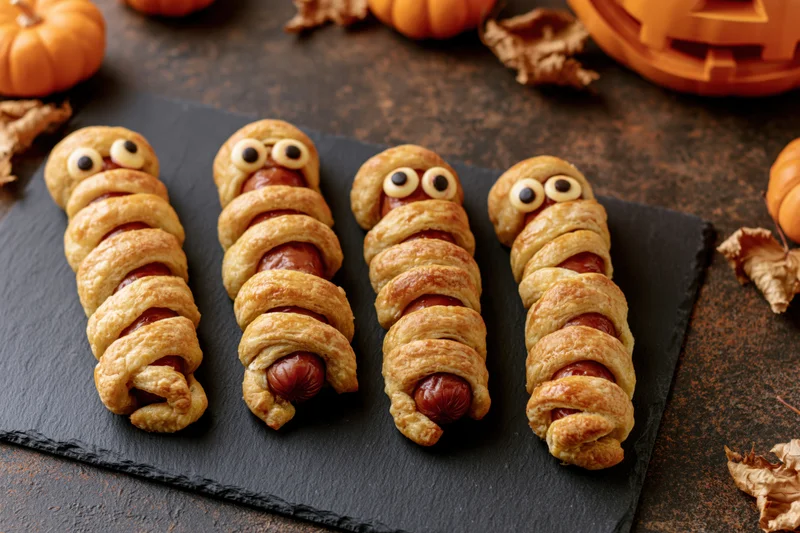 Four halloween mummy hot dogs wrapped in golden-baked crescent pastry on a dark slate board with pumpkins and leaves around