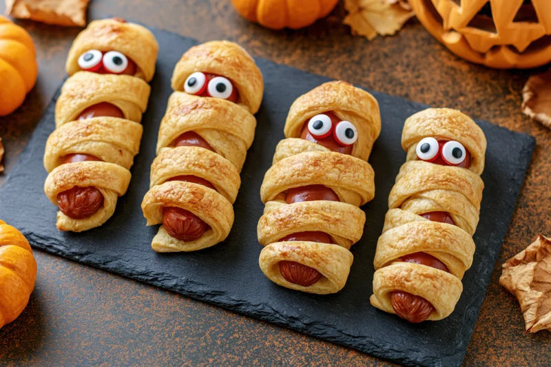 Four halloween mummy hot dogs wrapped in golden pastry with candy eyes on a slate plate surrounded by pumpkins