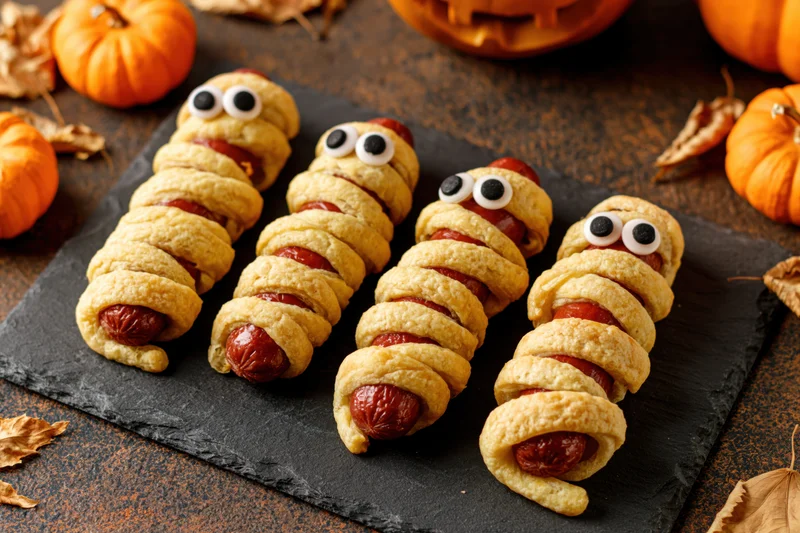 Four halloween mummy hot dogs wrapped in golden pastry with candy eyes on slate tray surrounded by pumpkins and leaves