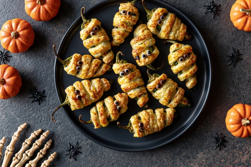 Mummy-themed jalapeno poppers wrapped in crescent dough on a black plate surrounded by pumpkins and spider decorations