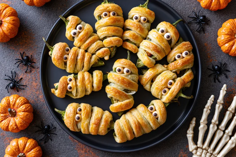 Mummy-shaped jalapeno poppers wrapped in crescent dough on a black plate surrounded by pumpkins, spiders, and a skeleton hand